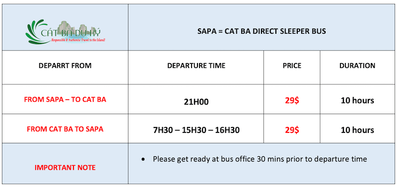 Sapa -Cat Ba Sleeper bus price