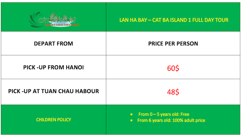 Hanoi - Lan Ha Bay - Cat Ba island 1 day tour price
