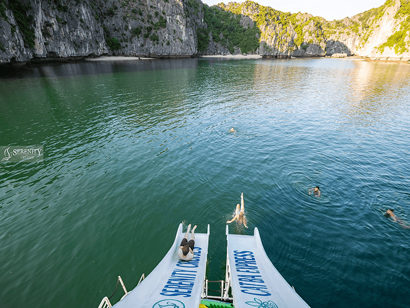 Sliding from sundeck of the boat